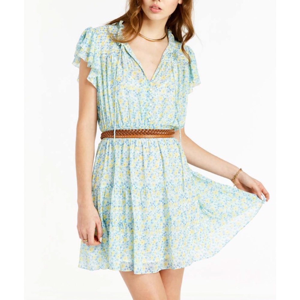 [NWT] Boho Blue-Green Floral Smocked Ruffle Slv. Short Dress Orig$218 Size S